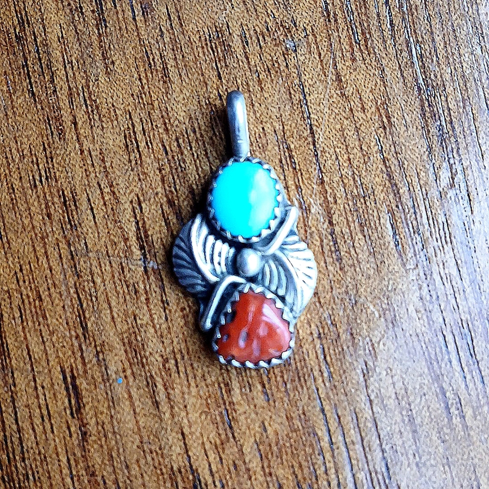 Sterling Turqouise and Red Coral with Feather detail Native American Pendant